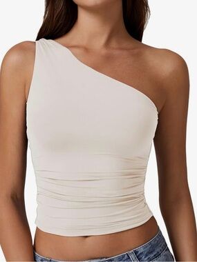 One-Shoulder Cream Ruched Tank Top Small White